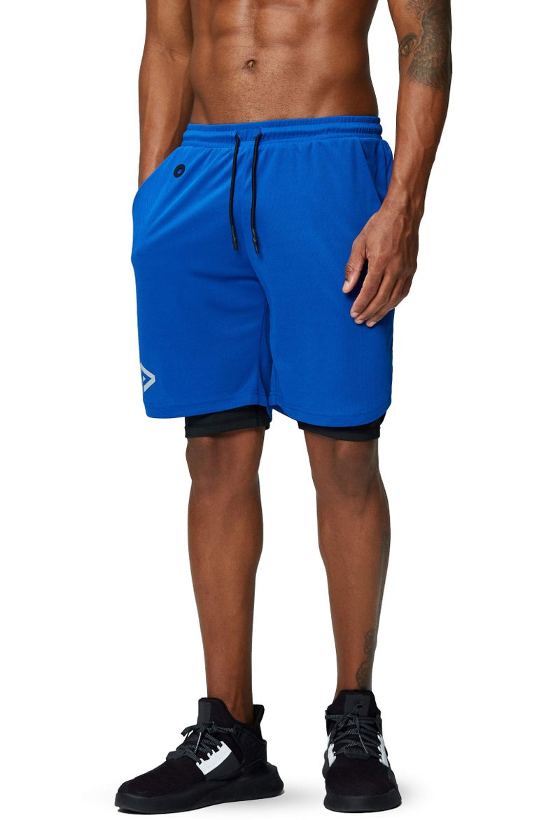 Pinkbomb Men's 2 in 1 Running Shorts Gym Workout Quick Dry Mens Shorts with Phone Pocket (Blue, Large) - Image 3
